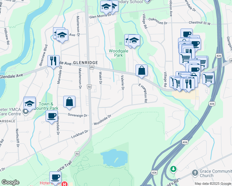map of restaurants, bars, coffee shops, grocery stores, and more near 12 Queens Court in Saint Catharines