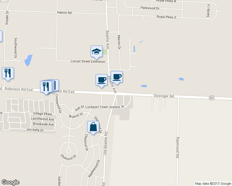 map of restaurants, bars, coffee shops, grocery stores, and more near 6401 Dysinger Road in Lockport