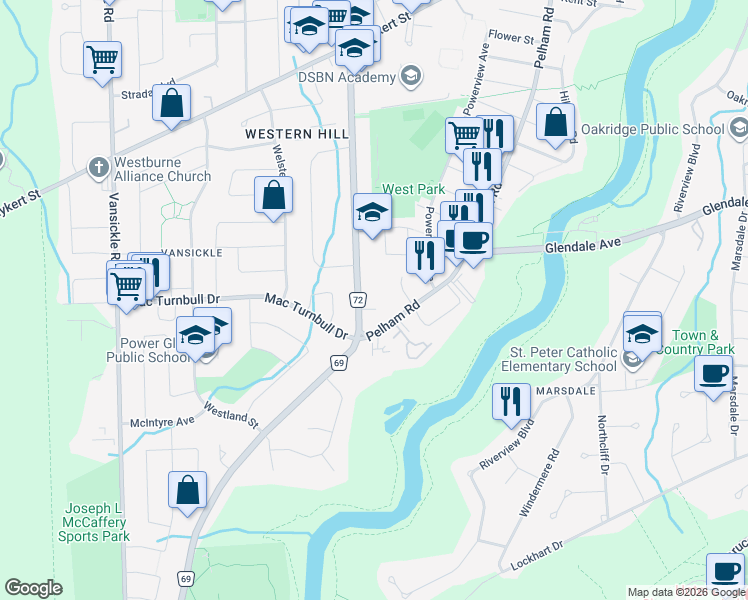 map of restaurants, bars, coffee shops, grocery stores, and more near 38 Louth Street in Saint Catharines
