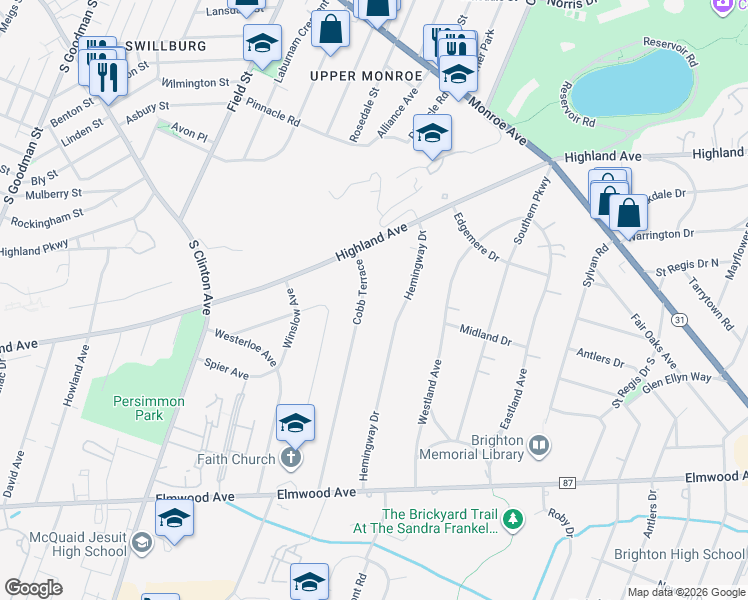 map of restaurants, bars, coffee shops, grocery stores, and more near 50 Cobb Terrace in Rochester