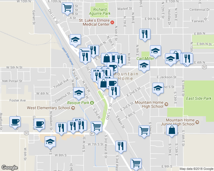 map of restaurants, bars, coffee shops, grocery stores, and more near 195 East 2nd North Street in Mountain Home