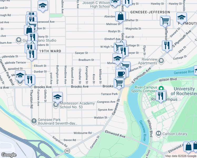 map of restaurants, bars, coffee shops, grocery stores, and more near 117 Millbank Street in Rochester