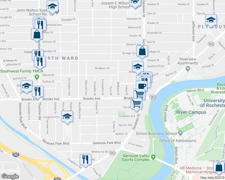 map of restaurants, bars, coffee shops, grocery stores, and more near 117 Millbank Street in Rochester