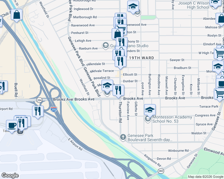 map of restaurants, bars, coffee shops, grocery stores, and more near 34 Margaret Street in Rochester
