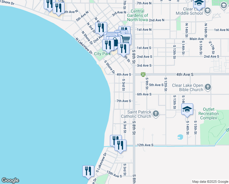 map of restaurants, bars, coffee shops, grocery stores, and more near 201 6th Avenue South in Clear Lake