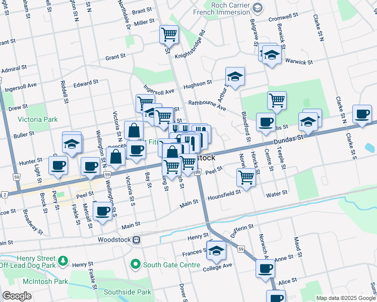 map of restaurants, bars, coffee shops, grocery stores, and more near 679 Adelaide Street in Woodstock