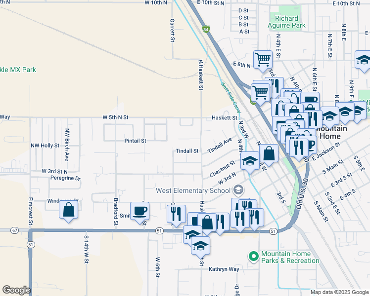 map of restaurants, bars, coffee shops, grocery stores, and more near 974 Tindall Avenue in Mountain Home
