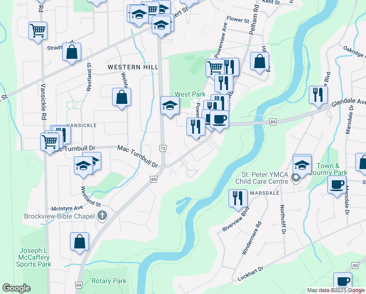 map of restaurants, bars, coffee shops, grocery stores, and more near 1 Greenock Circle in Saint Catharines