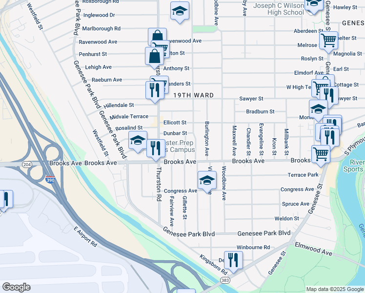 map of restaurants, bars, coffee shops, grocery stores, and more near 5 Sheldon Terrace in Rochester