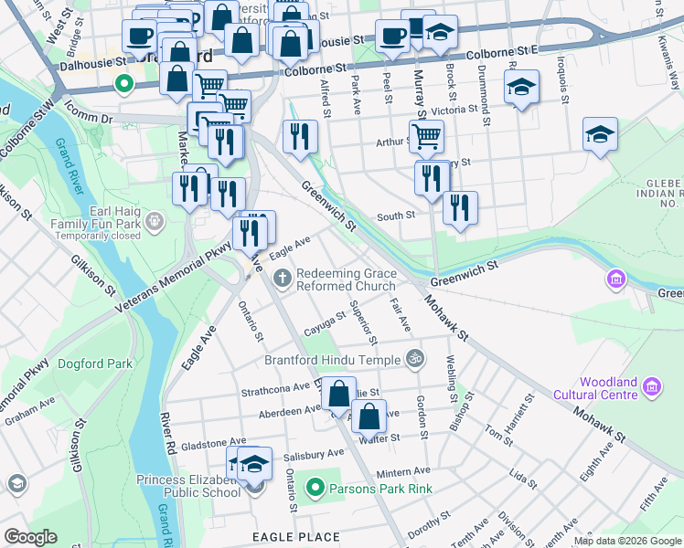 map of restaurants, bars, coffee shops, grocery stores, and more near 29 Port Street in Brantford