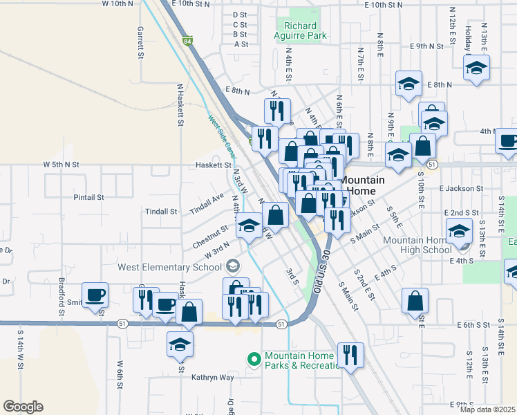map of restaurants, bars, coffee shops, grocery stores, and more near 365 North 2nd West in Mountain Home