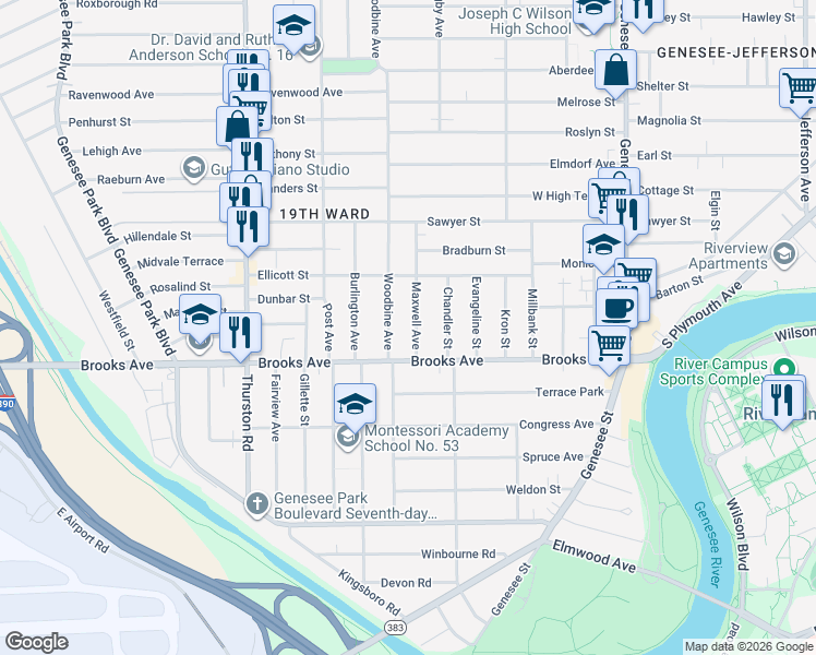 map of restaurants, bars, coffee shops, grocery stores, and more near 115 Maxwell Avenue in Rochester