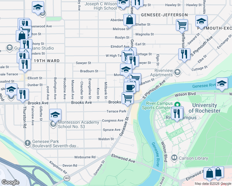 map of restaurants, bars, coffee shops, grocery stores, and more near 40 Paige Street in Rochester