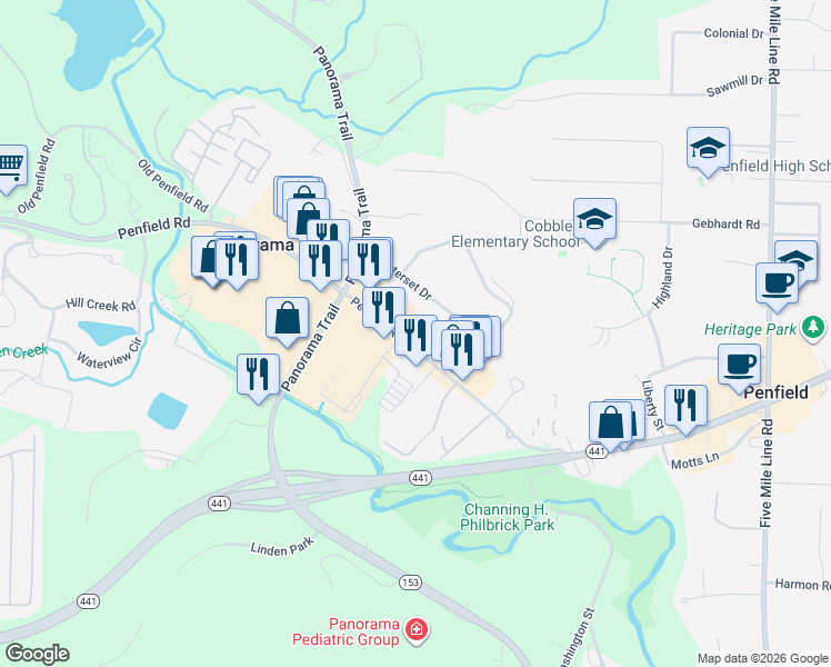 map of restaurants, bars, coffee shops, grocery stores, and more near 1670 Penfield Road in Rochester