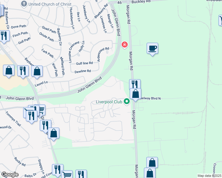 map of restaurants, bars, coffee shops, grocery stores, and more near 7475 Morgan Road in Liverpool