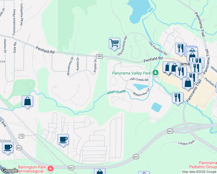 map of restaurants, bars, coffee shops, grocery stores, and more near 4 Circle Wood Road in Rochester
