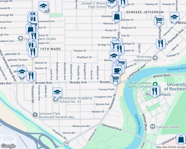 map of restaurants, bars, coffee shops, grocery stores, and more near 117 Millbank Street in Rochester