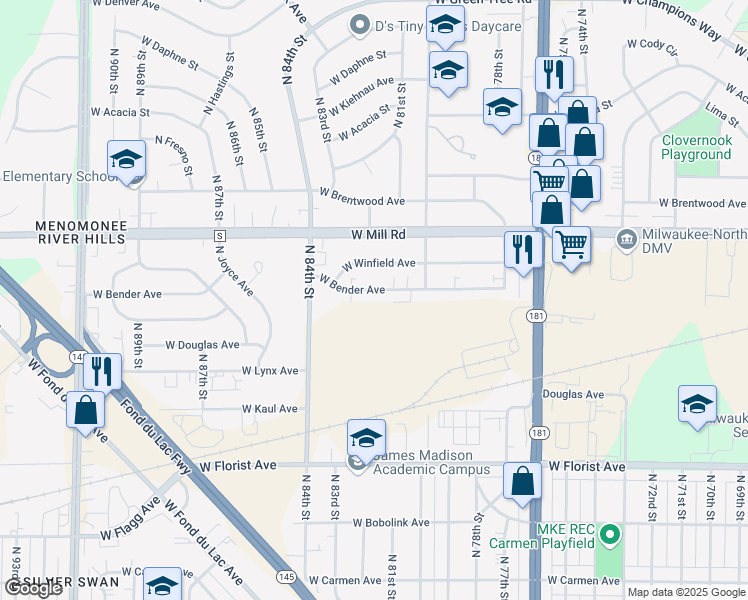 map of restaurants, bars, coffee shops, grocery stores, and more near 8120 West Bender Avenue in Milwaukee