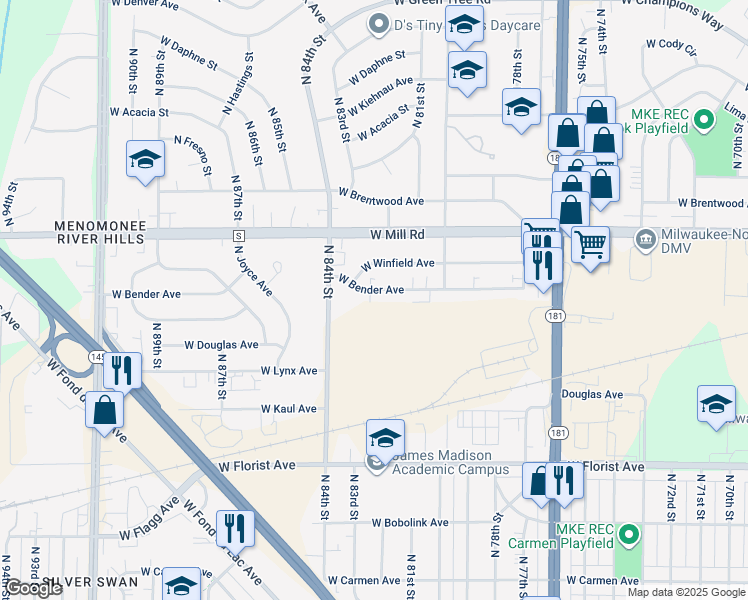 map of restaurants, bars, coffee shops, grocery stores, and more near 8228 West Bender Avenue in Milwaukee