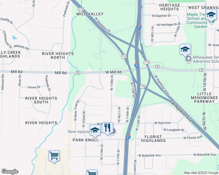 map of restaurants, bars, coffee shops, grocery stores, and more near 6331 North 118th Street in Milwaukee