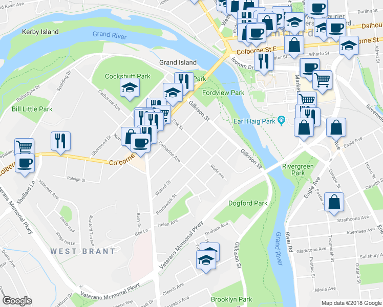 map of restaurants, bars, coffee shops, grocery stores, and more near 47 Walnut Street in Brantford
