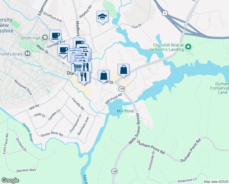 map of restaurants, bars, coffee shops, grocery stores, and more near 2 Mill Pond Road in Durham