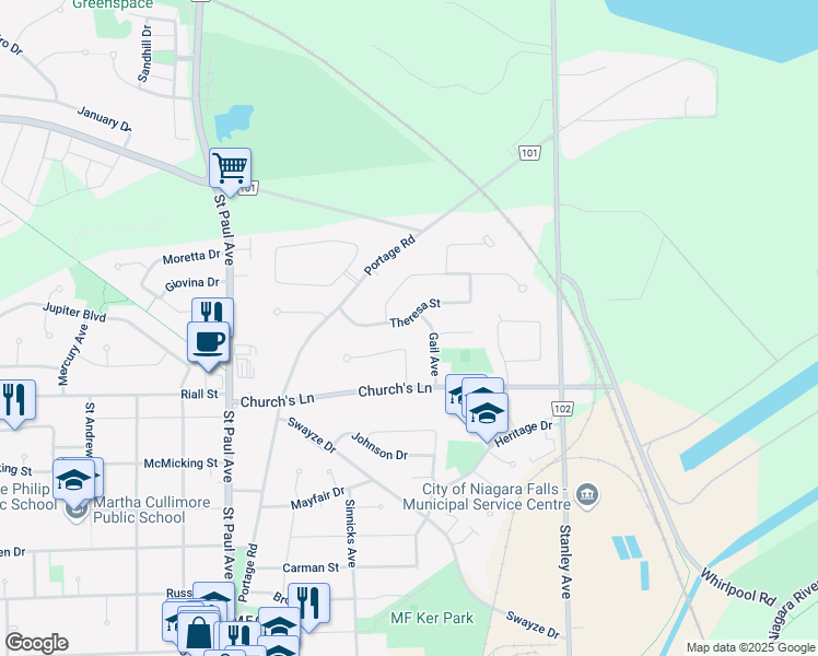 map of restaurants, bars, coffee shops, grocery stores, and more near 5892 Theresa Street in Niagara Falls