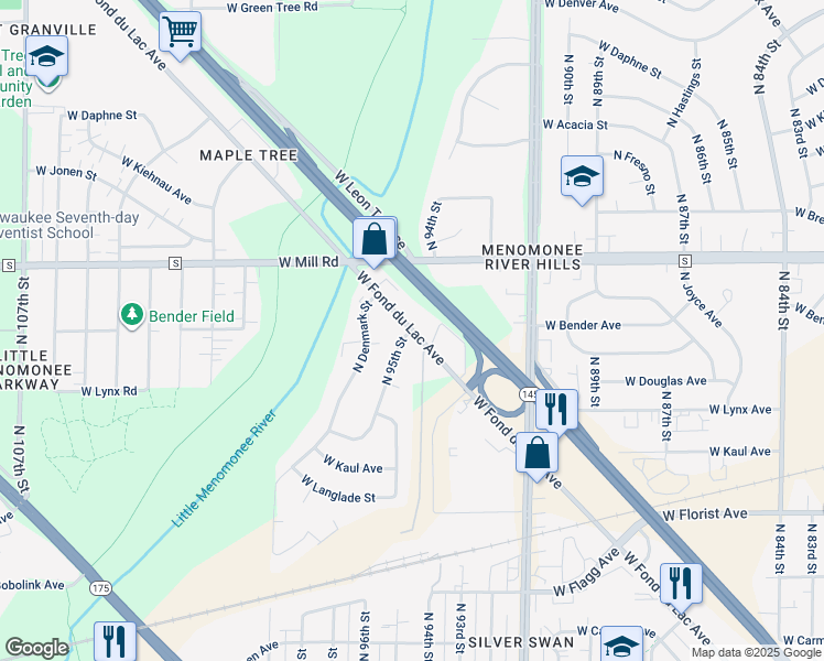 map of restaurants, bars, coffee shops, grocery stores, and more near W Fond Du Lac Ave & N 95th St in Milwaukee