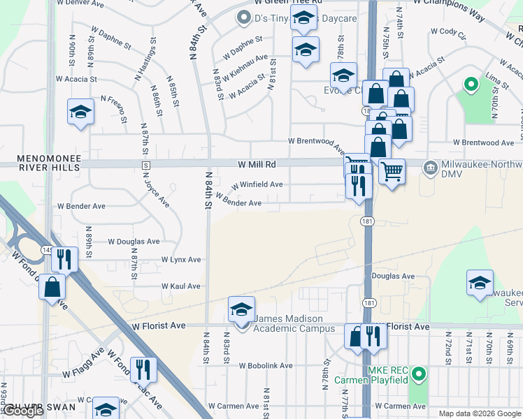 map of restaurants, bars, coffee shops, grocery stores, and more near 8121 West Bender Avenue in Milwaukee