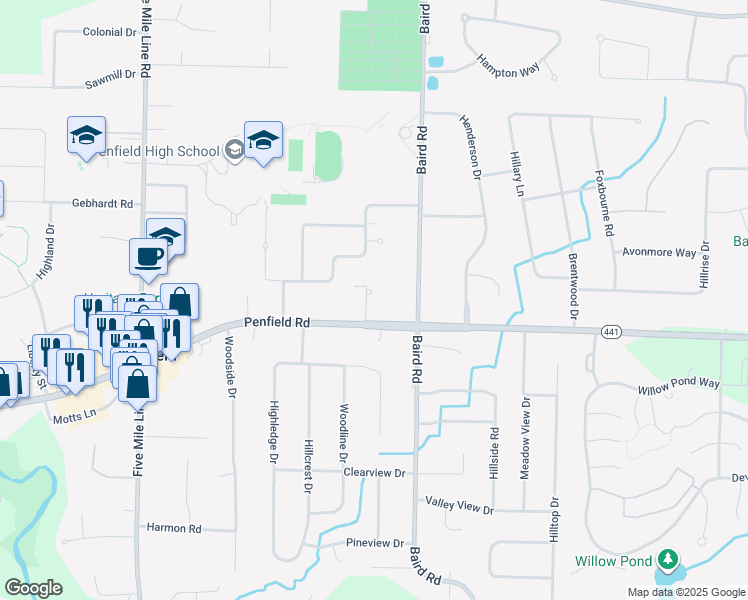 map of restaurants, bars, coffee shops, grocery stores, and more near 7 Melissa Lane in Penfield