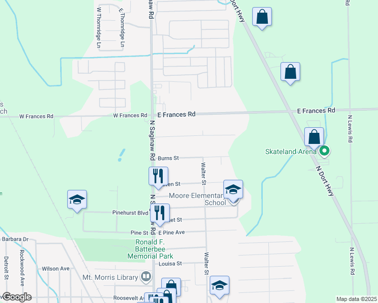 map of restaurants, bars, coffee shops, grocery stores, and more near 1100 Paul Street in Mount Morris