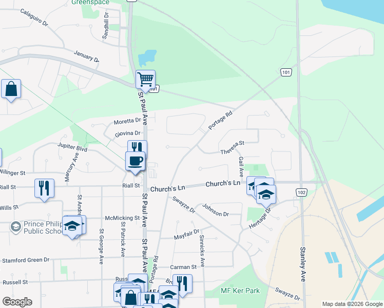 map of restaurants, bars, coffee shops, grocery stores, and more near 2856 Portage Road in Niagara Falls