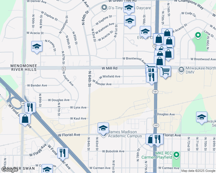 map of restaurants, bars, coffee shops, grocery stores, and more near 8139 West Bender Avenue in Milwaukee