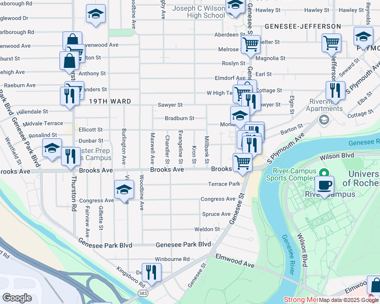 map of restaurants, bars, coffee shops, grocery stores, and more near 61 Kron Street in Rochester