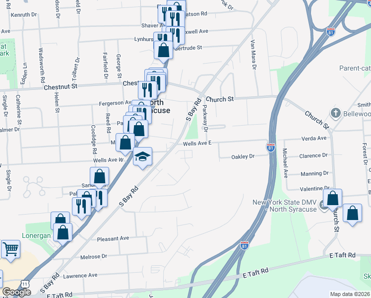 map of restaurants, bars, coffee shops, grocery stores, and more near 211 Wells Avenue East in North Syracuse