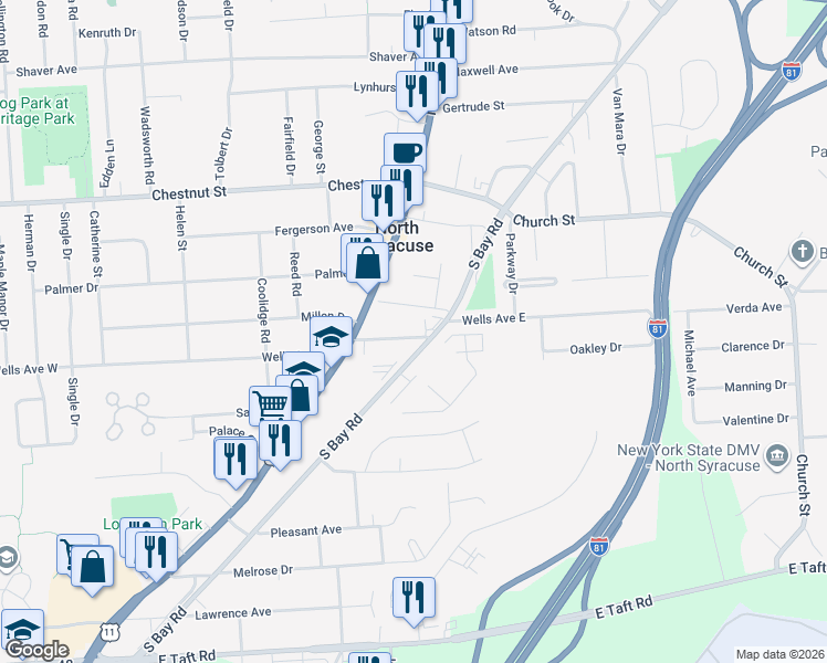 map of restaurants, bars, coffee shops, grocery stores, and more near 301 South Main Street in Syracuse