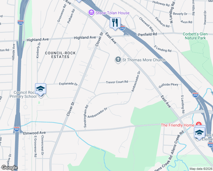 map of restaurants, bars, coffee shops, grocery stores, and more near 144 Trevor Court Road in Rochester