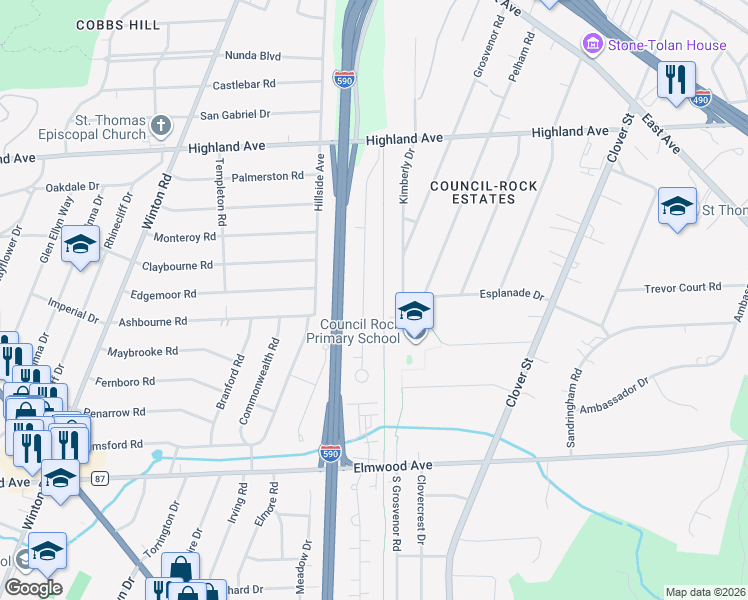 map of restaurants, bars, coffee shops, grocery stores, and more near 199 Village Lane in Rochester