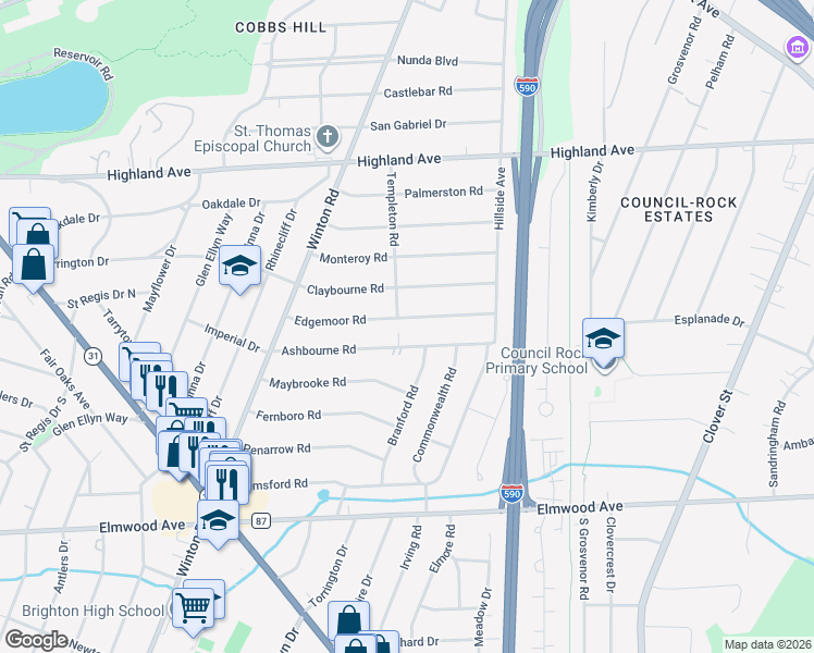 map of restaurants, bars, coffee shops, grocery stores, and more near 170 Edgemoor Road in Rochester