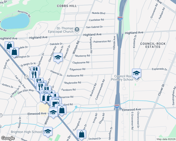 map of restaurants, bars, coffee shops, grocery stores, and more near 120 Edgemoor Road in Rochester