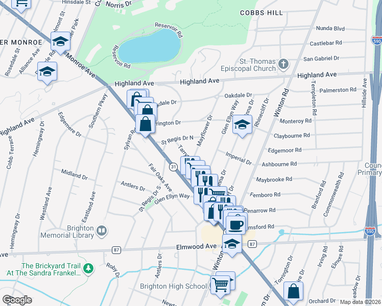 map of restaurants, bars, coffee shops, grocery stores, and more near 213 Mayflower Drive in Rochester