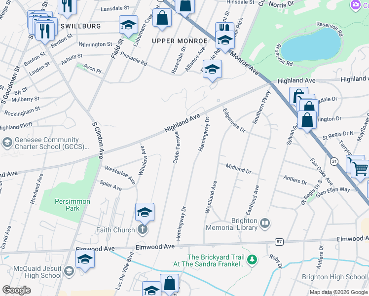 map of restaurants, bars, coffee shops, grocery stores, and more near 50 Cobb Terrace in Rochester