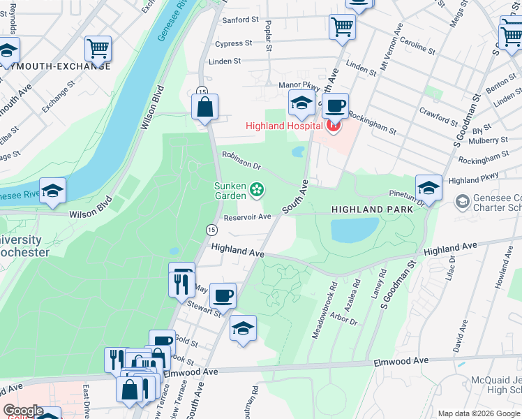 map of restaurants, bars, coffee shops, grocery stores, and more near 54 Reservoir Avenue in Rochester
