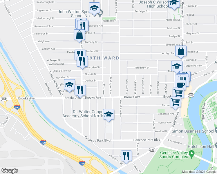 map of restaurants, bars, coffee shops, grocery stores, and more near 666 Post Avenue in Rochester