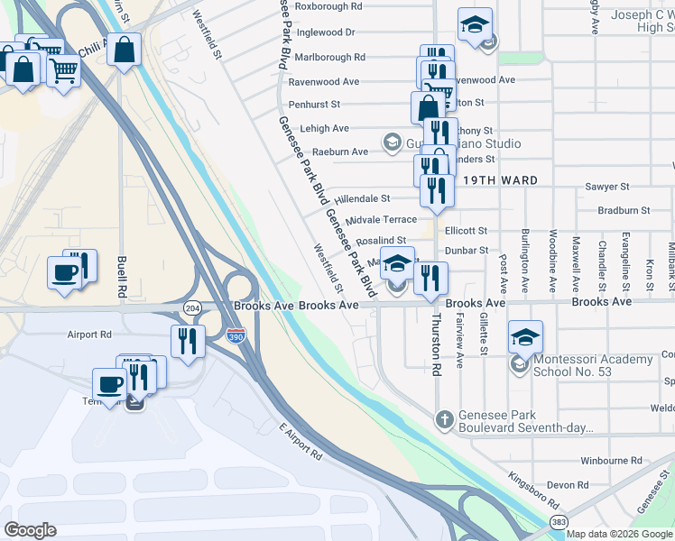 map of restaurants, bars, coffee shops, grocery stores, and more near 769 Genesee Park Boulevard in Rochester