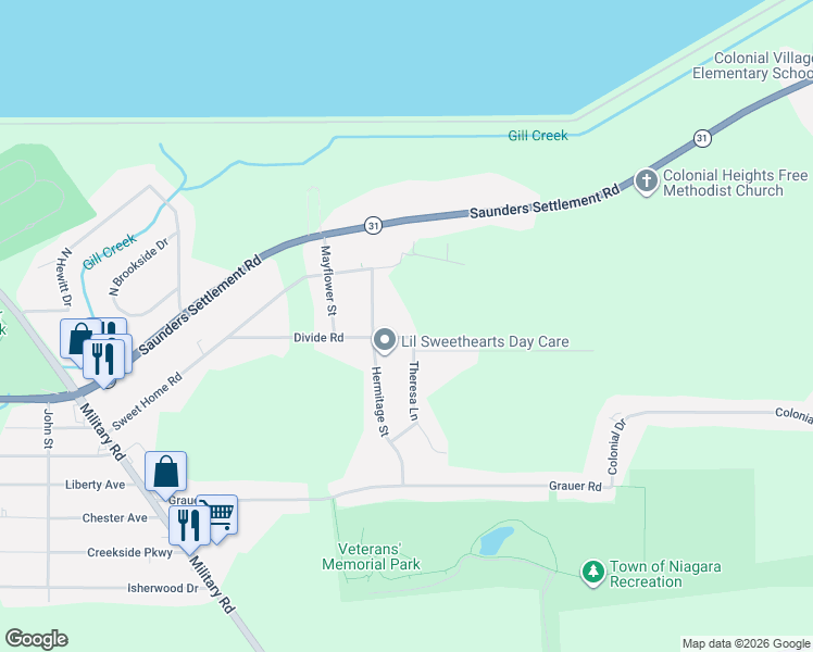 map of restaurants, bars, coffee shops, grocery stores, and more near 5991 Hermitage Street in Niagara Falls