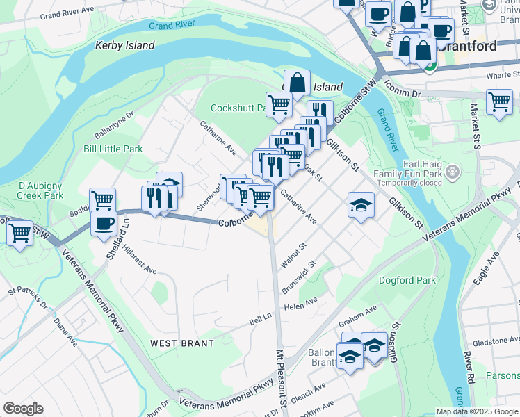 map of restaurants, bars, coffee shops, grocery stores, and more near 150 Colborne Street West in Brantford