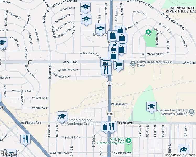 map of restaurants, bars, coffee shops, grocery stores, and more near 7720 West Bender Avenue in Milwaukee