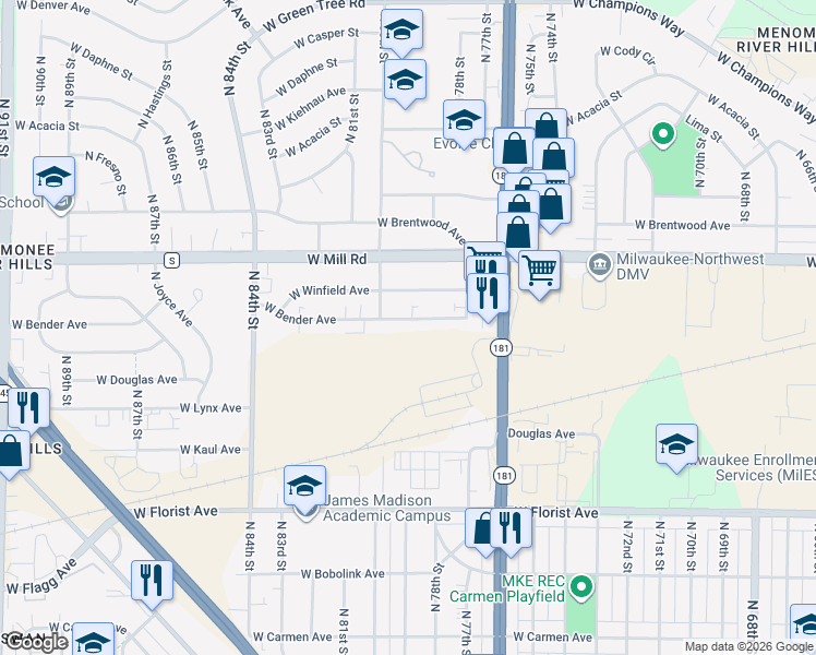map of restaurants, bars, coffee shops, grocery stores, and more near 7900 West Bender Avenue in Milwaukee