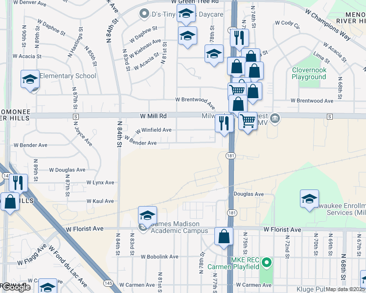 map of restaurants, bars, coffee shops, grocery stores, and more near 7900 West Bender Avenue in Milwaukee